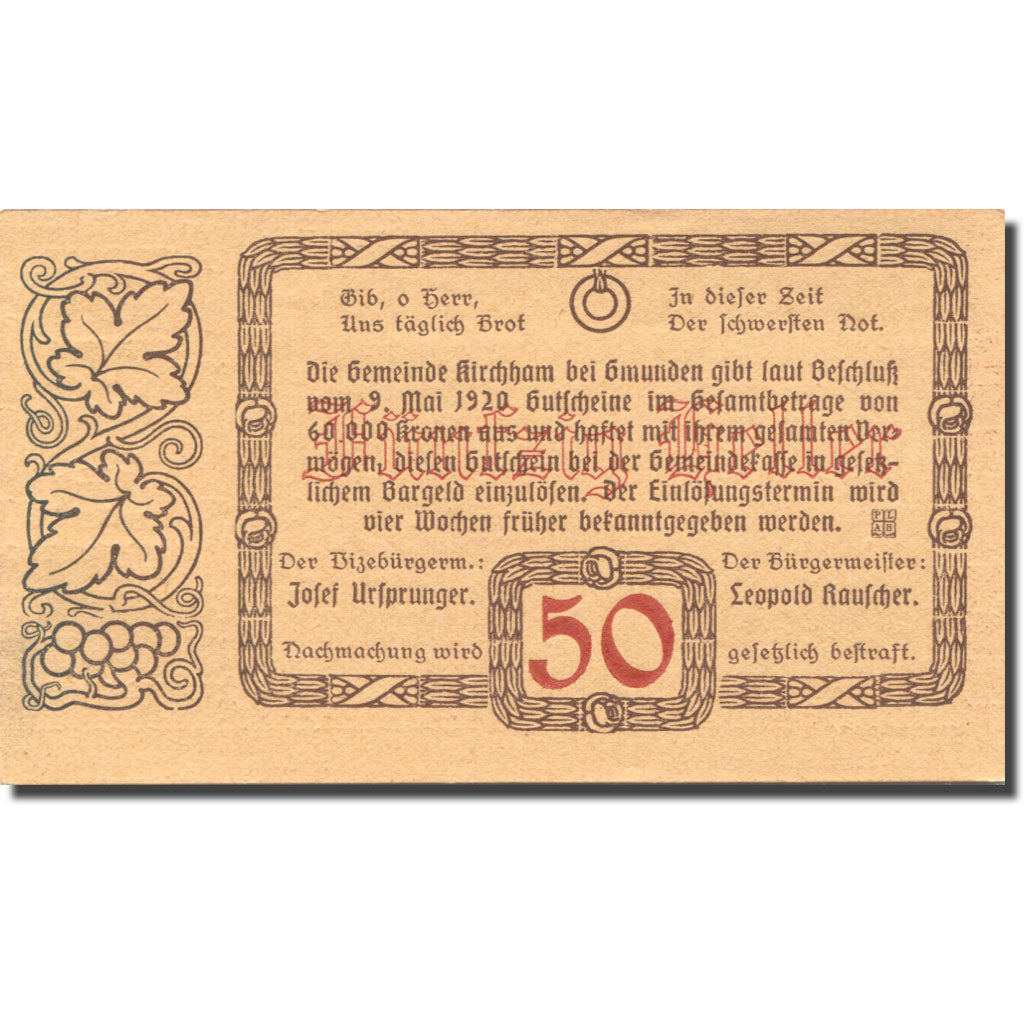 Banknote, Austria, Kirchham, 50 Heller, village, 1920 UNC(63) Mehl:FS 446Ia