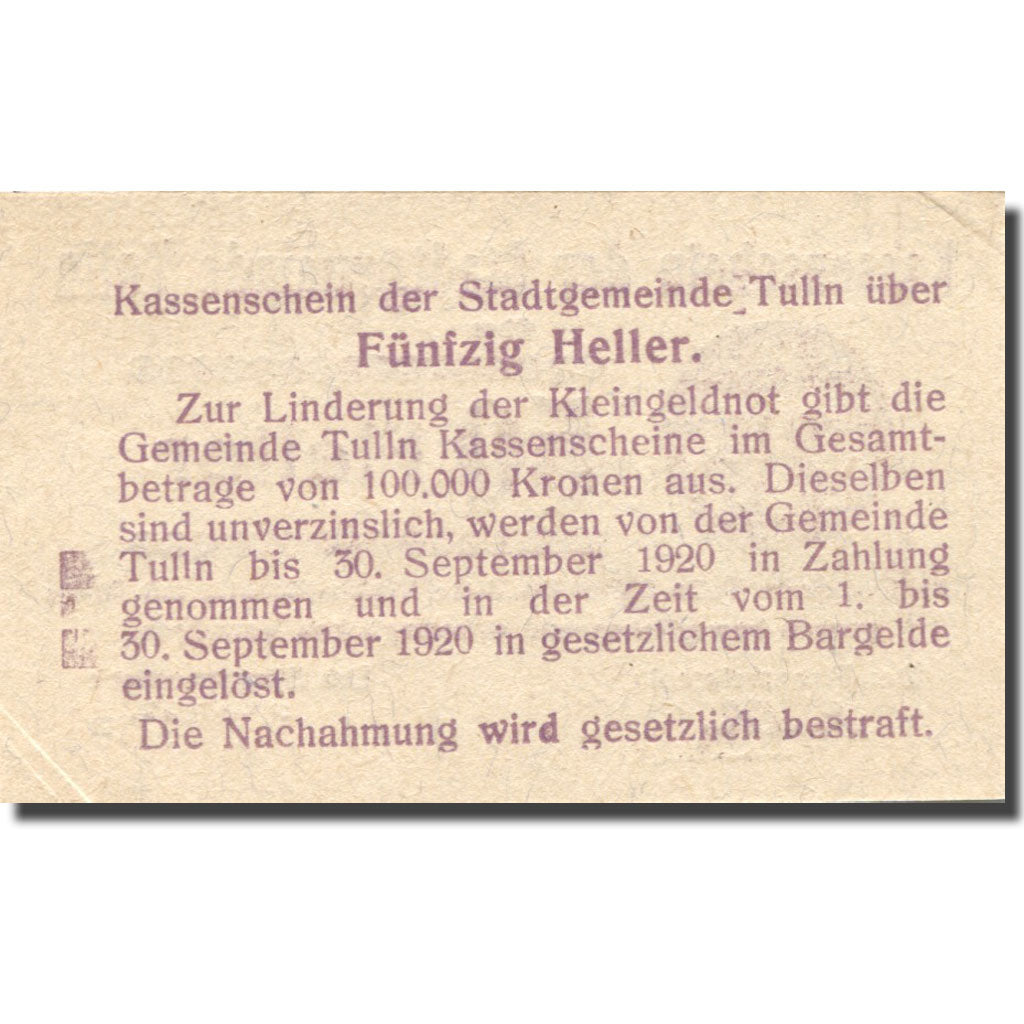 Banknote, Austria, Tulln, 50 Heller, Blason, 1920 UNC(63), Mehl:FS 1083I.3