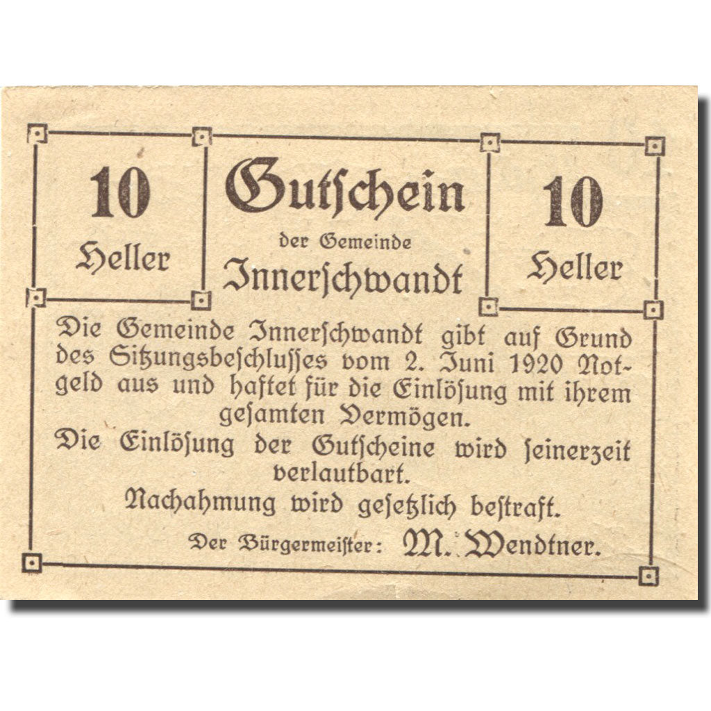 Banknote, Austria, Innerschwand, 10 Heller, école, 1920, UNC(63) Mehl:FS 408