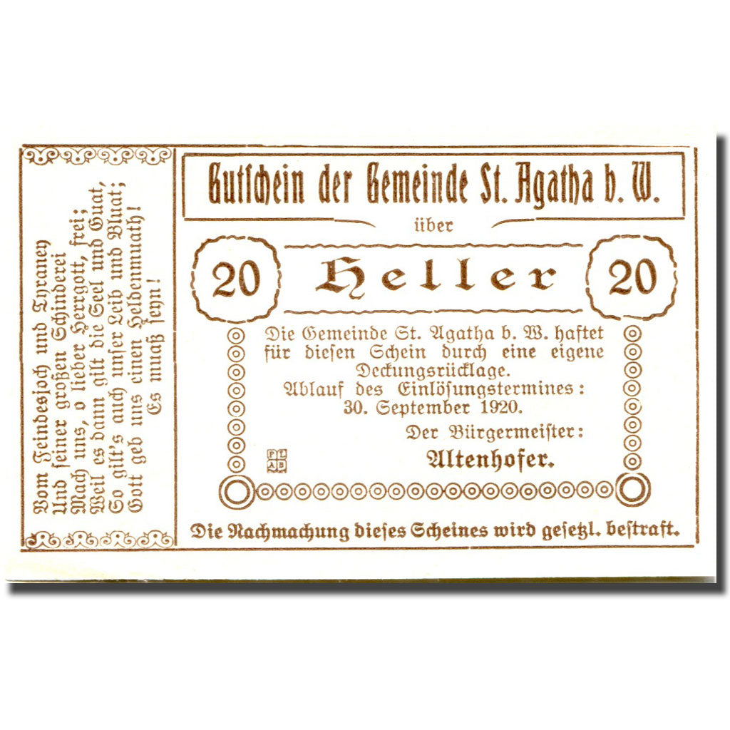 Banknote, Austria, St Agatha, 20 Heller, grange, 1920 UNC(63) Mehl:FS 877Ib3