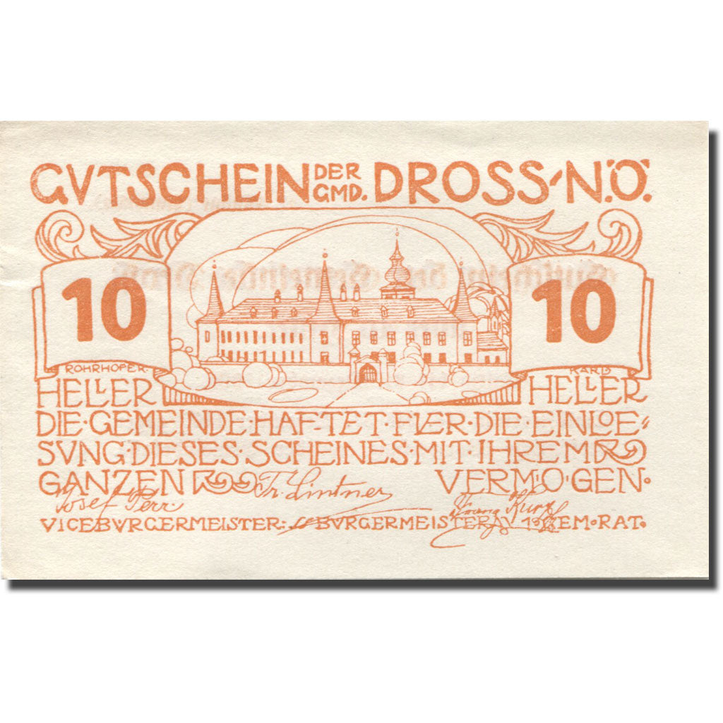 Banknote, Austria, Dross, 10 Heller, château, 1920 UNC(63) orange Mehl:FS 135.1