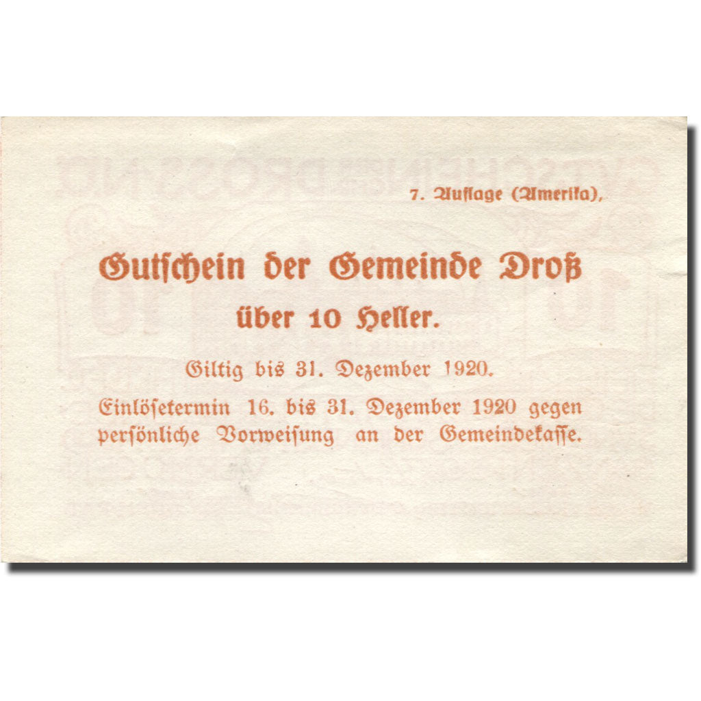 Banknote, Austria, Dross, 10 Heller, château, 1920 UNC(63) orange Mehl:FS 135.1