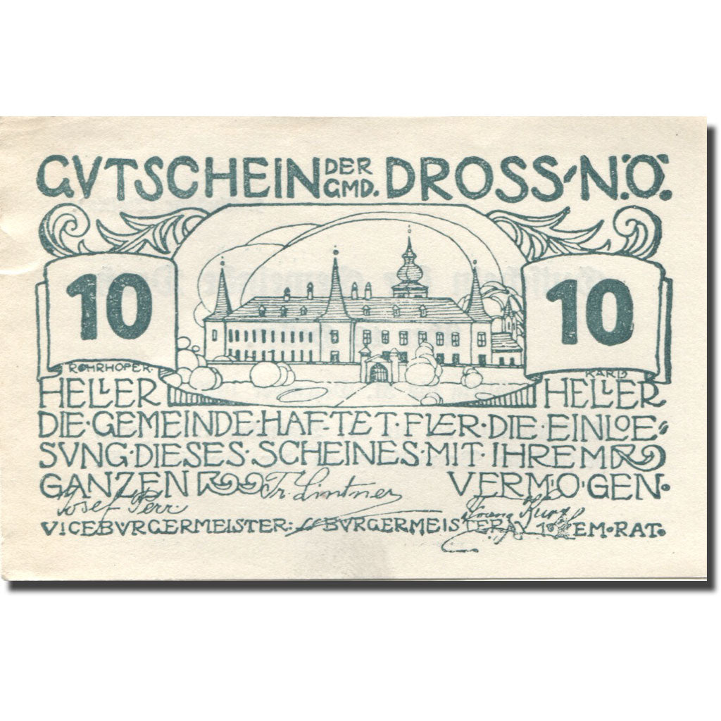 Banconote, Austria, Dross, 10 Heller, château 1, 1920 SPL- green Mehl:FS 135.3