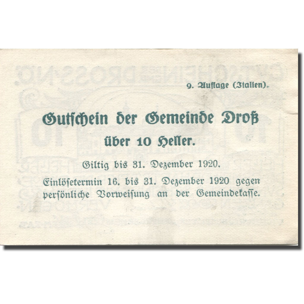 Banconote, Austria, Dross, 10 Heller, château 1, 1920 SPL- green Mehl:FS 135.3