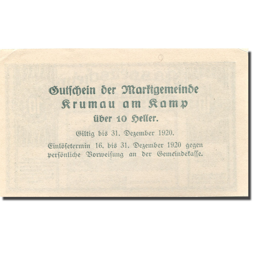 Banknote, Austria, Krumau am Kamp 10Heller château 1920 UNC(60-62) Mehl:FS 487a