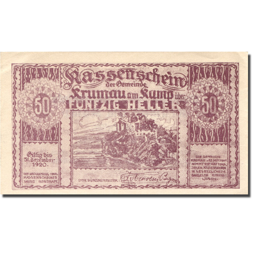 Banknote Austria Krumau am Kamp 50 Heller, château 1, 1920 UNC(63) Mehl:FS 487a