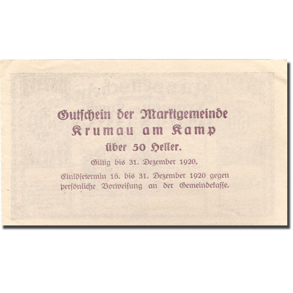 Banknote Austria Krumau am Kamp 50 Heller, château 1, 1920 UNC(63) Mehl:FS 487a