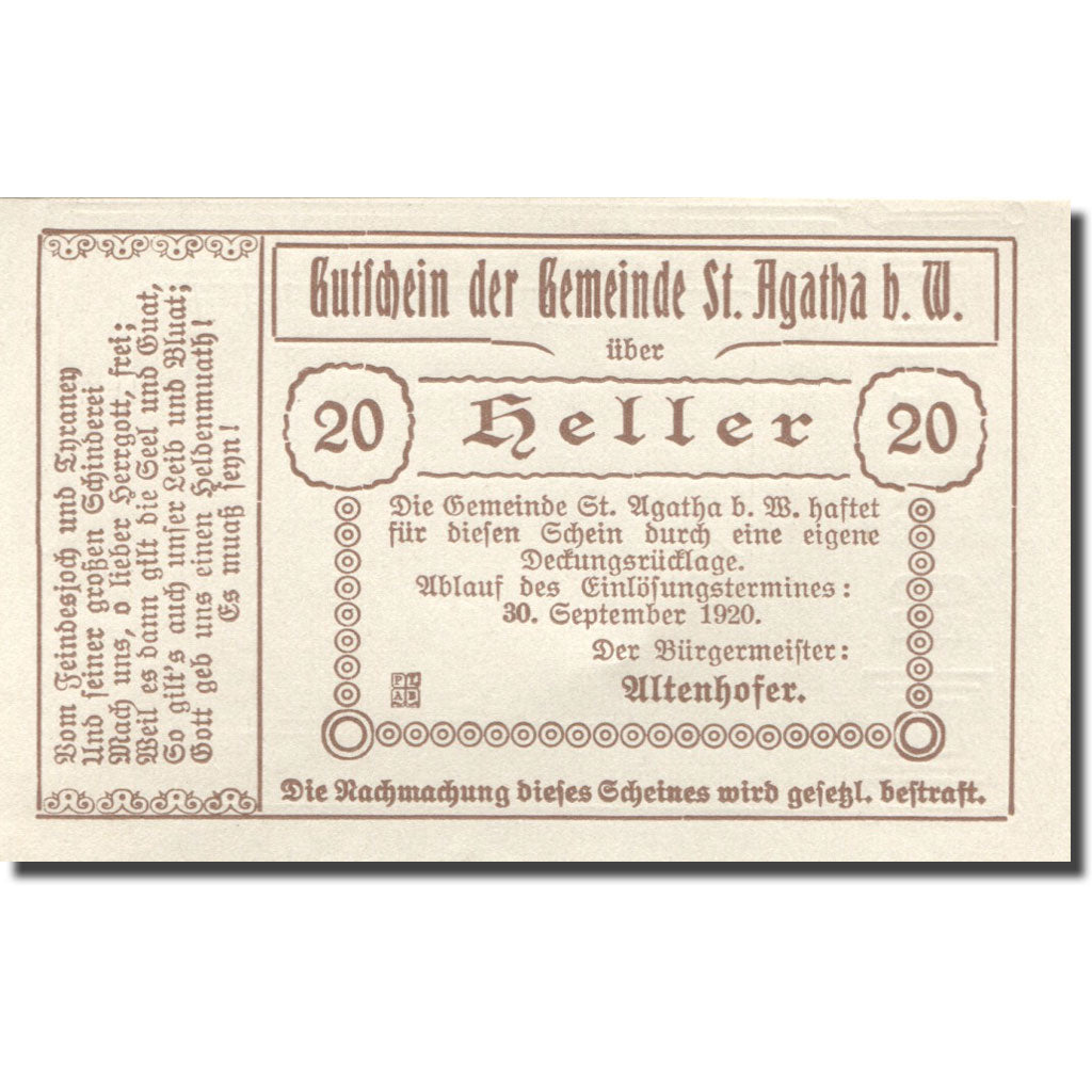 Banknote, Austria, St Agatha, 20 Heller, ferme, 1920, UNC(64) Mehl:FS 877Ib