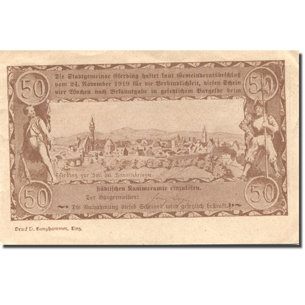Banknote, Austria, Eferding, 50 Heller paysage, 1920, AU(55-58), Mehl:FS 152I.4a