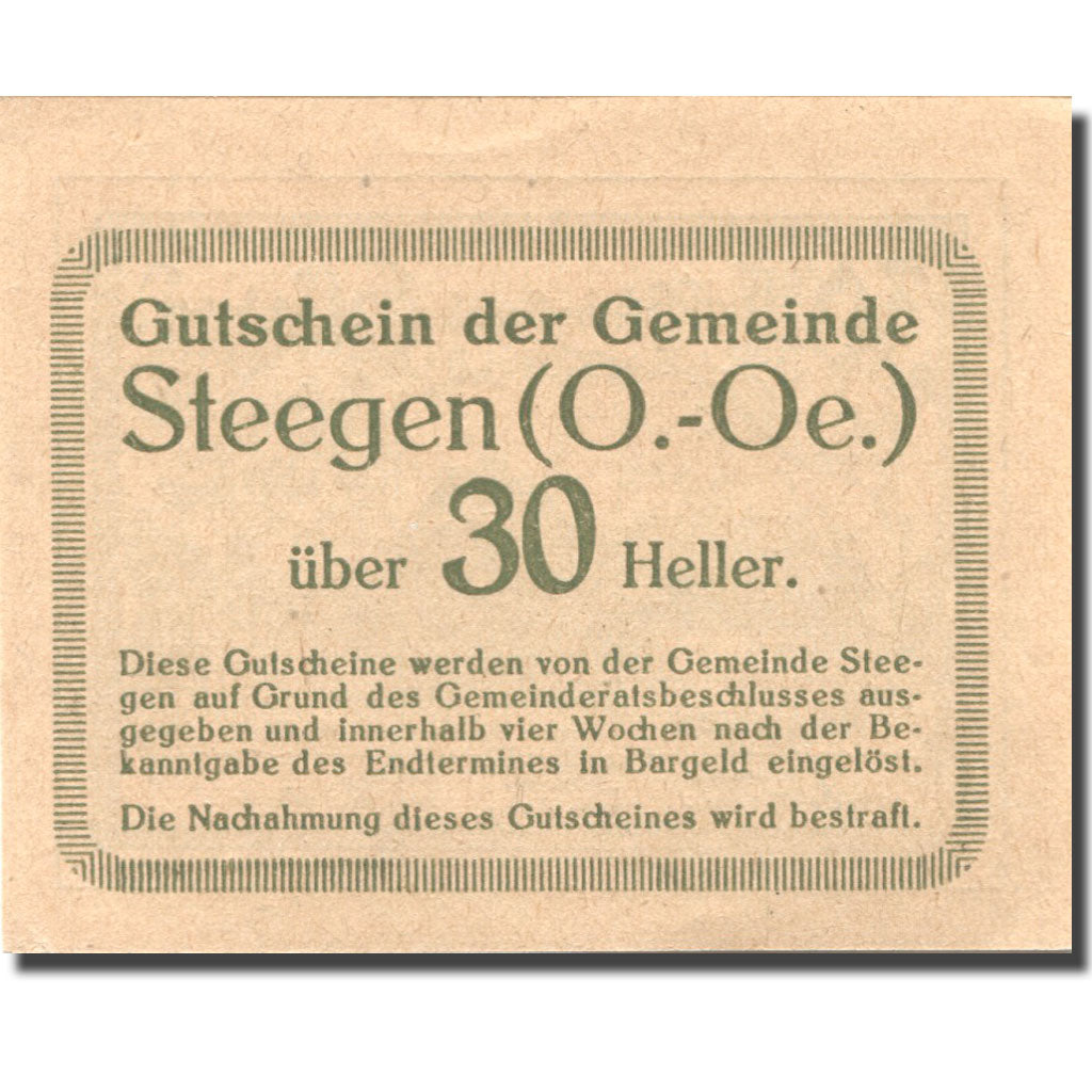Banconote, Austria, Steegen, 30 Heller, ferme, SPL, Mehl:FS 1012
