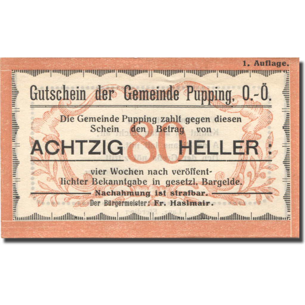 Banknote, Austria, Pupping, 80 Heller, valeur faciale, UNC(63), Mehl:FS 792Ifa