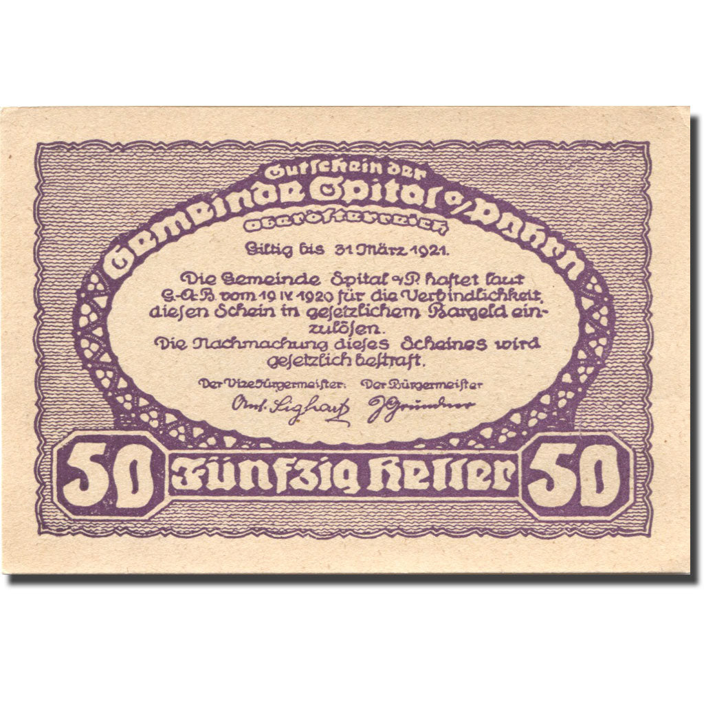 Geldschein Österreich Spital am Pyhrn 50 Heller montagne 1921 UNZ- Mehl:FS 1007I