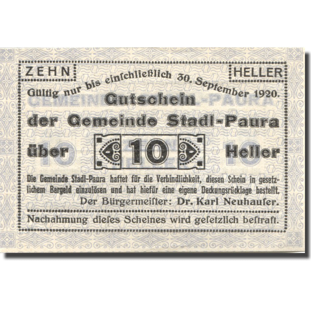 Banknote, Austria, Stadl-Paura, 10 Heller face value 1920 UNC(63) Mehl:FS 1008Ib
