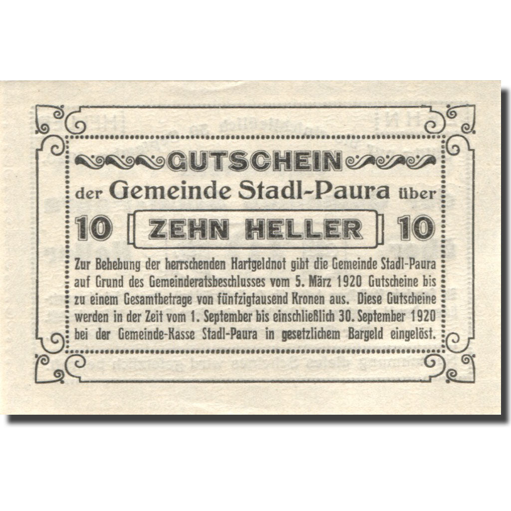 Banknote, Austria, Stadl-Paura, 10 Heller face value 1920 UNC(63) Mehl:FS 1008Ib