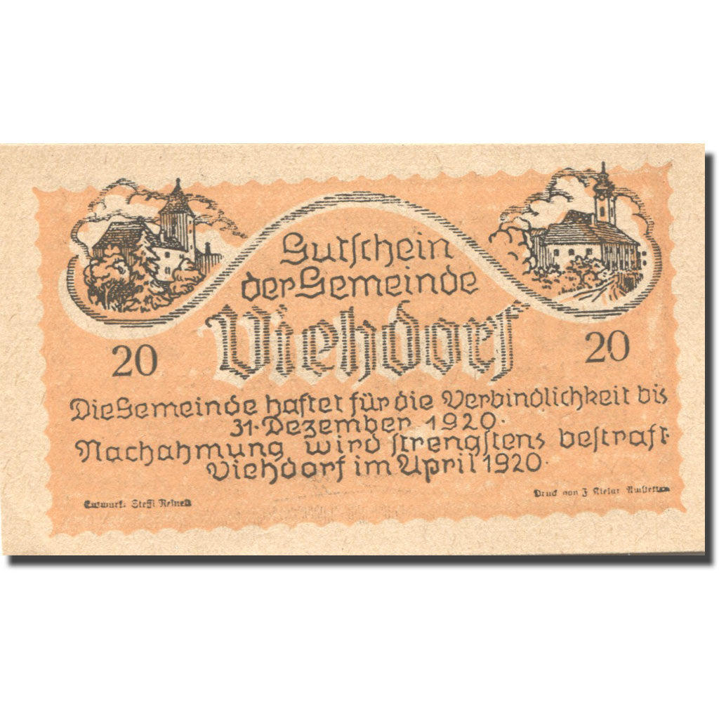 Banconote, Austria, Viehdorf, 20 Heller, Eglise, 1920 SPL orange Mehl:FS 1111b