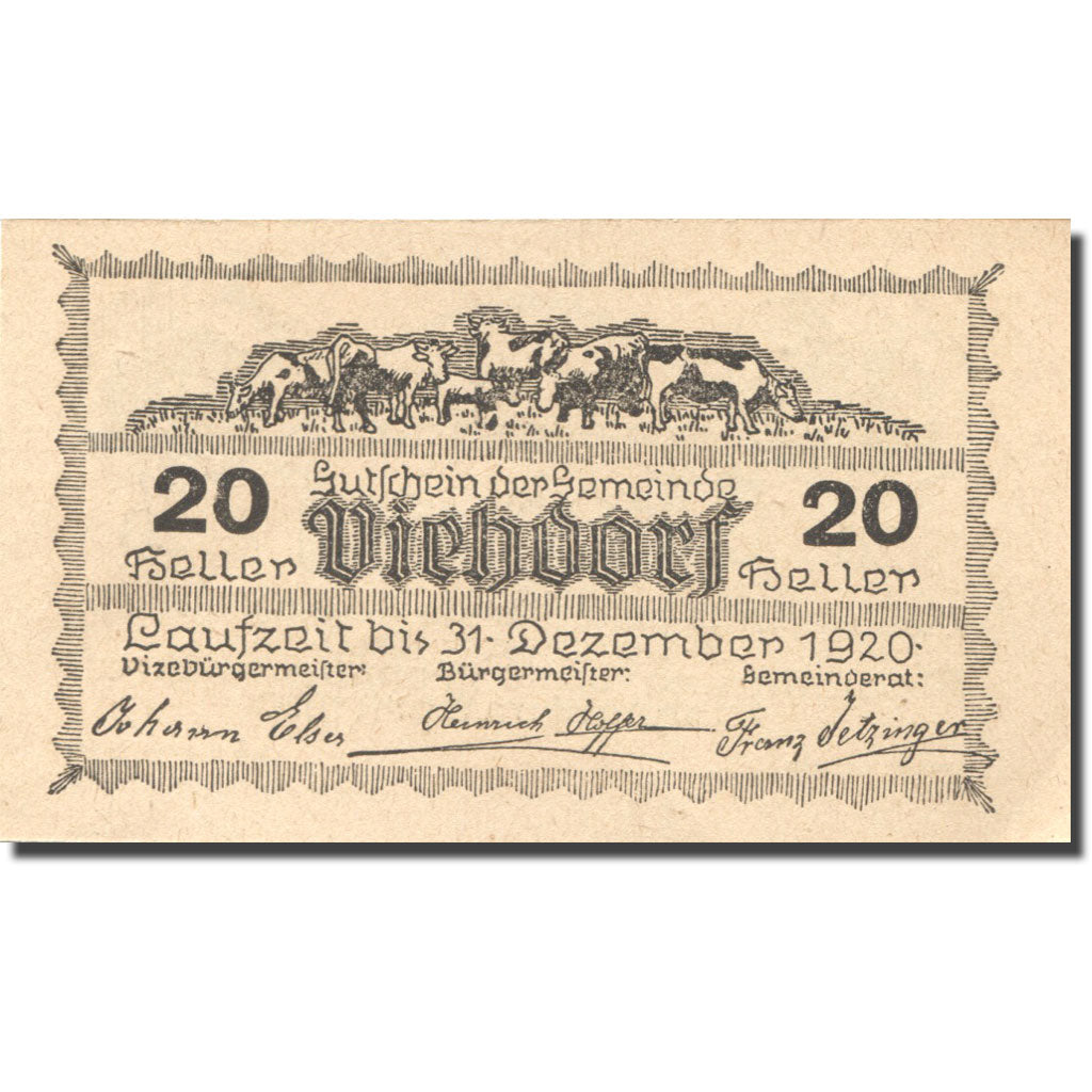 Banconote, Austria, Viehdorf, 20 Heller, Eglise, 1920 SPL orange Mehl:FS 1111b