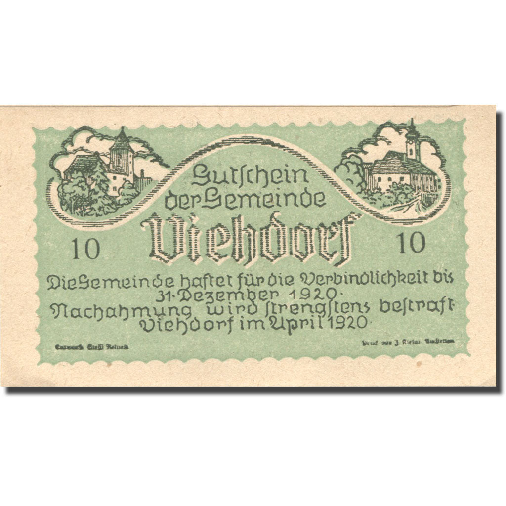 Nota, Áustria, Viehdorf, 10 Heller, Eglise 1, 1920 UNC(63) green Mehl:FS 1111a