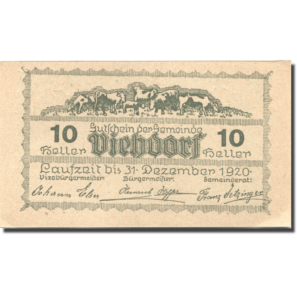 Nota, Áustria, Viehdorf, 10 Heller, Eglise 1, 1920 UNC(63) green Mehl:FS 1111a