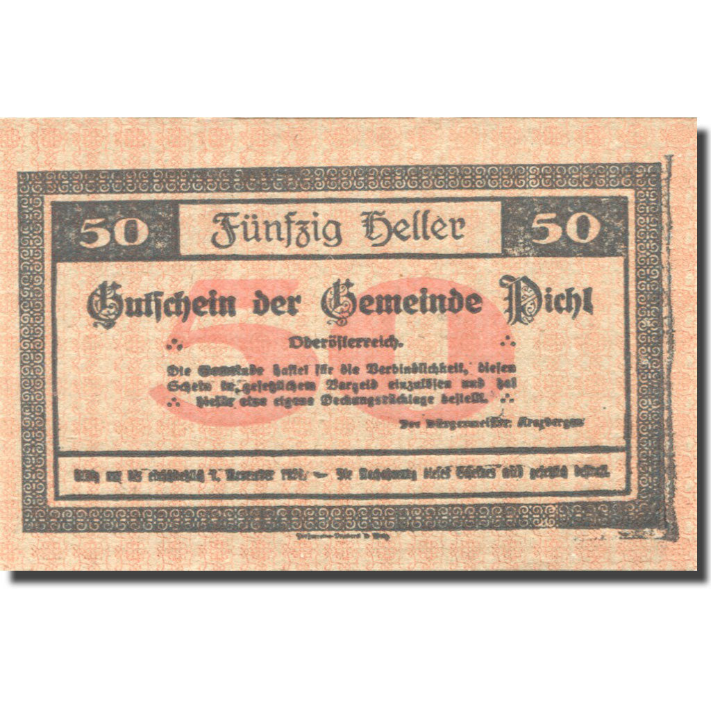 Banknote, Austria, Pichl, 50 Heller, paysage 1, UNC(63), Mehl:FS 747