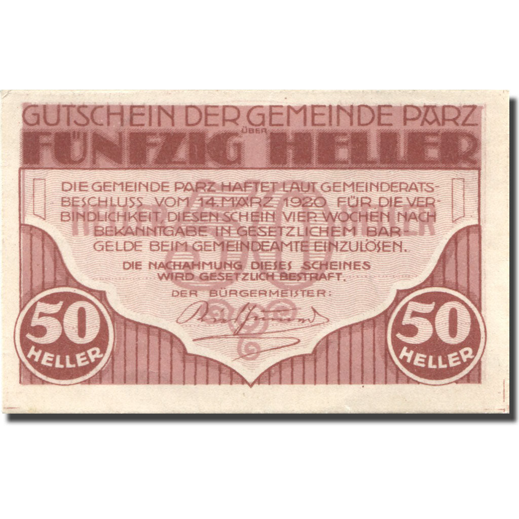 Banknote, Austria, Parz, 50 Heller, château 1, 1920 UNC(63) Mehl:FS 721a