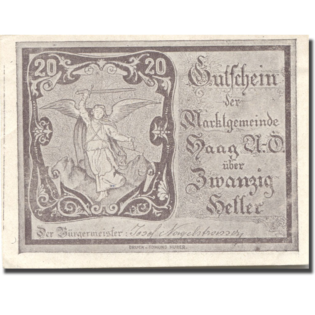 Banknote, Austria, Haag, 20 Heller, Eglise, 1920 UNC(63) brown Mehl:FS 318IVb