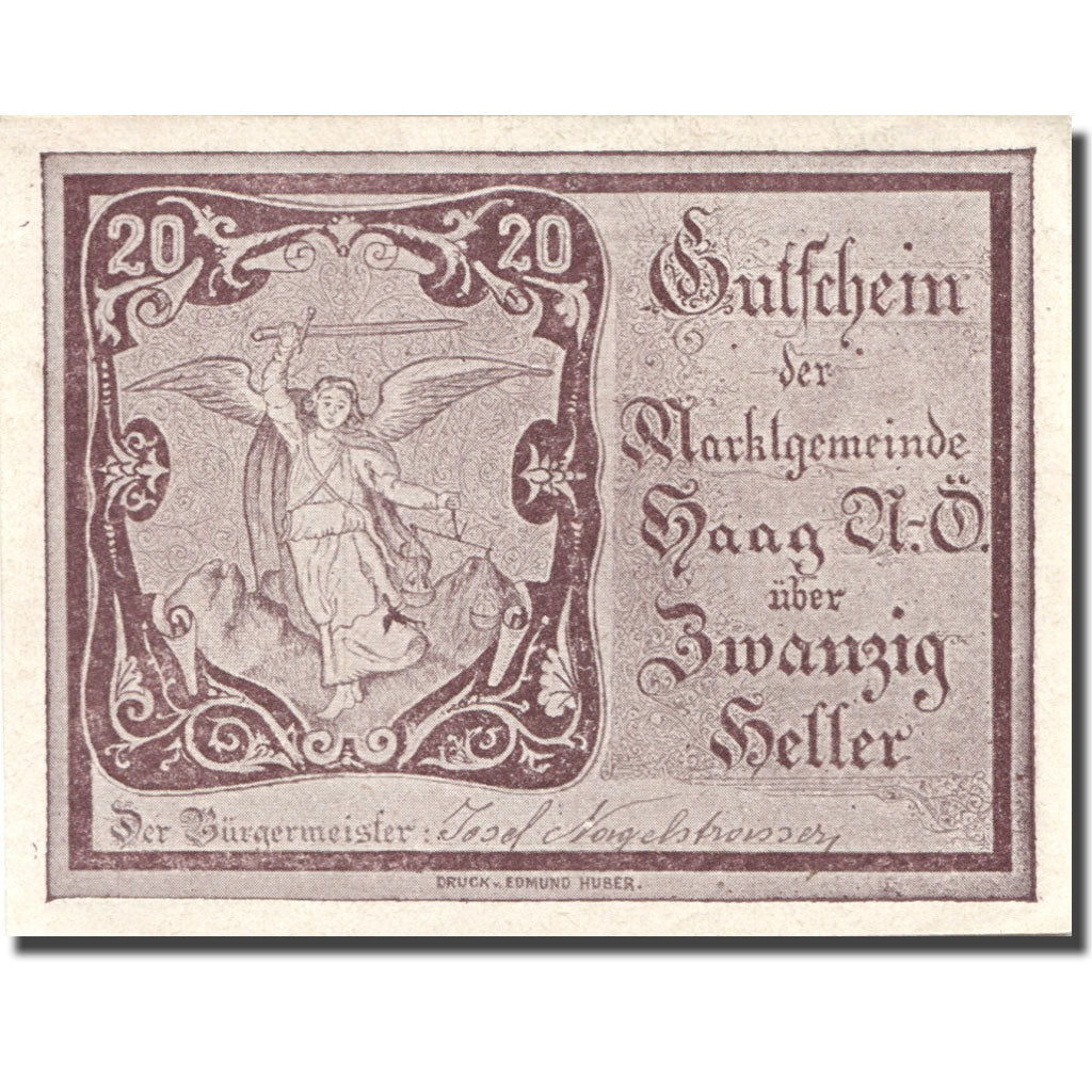 Banknote, Austria, Haag, 20 Heller, Eglise 1, 1920 UNC(63) lila Mehl:FS 318IVb