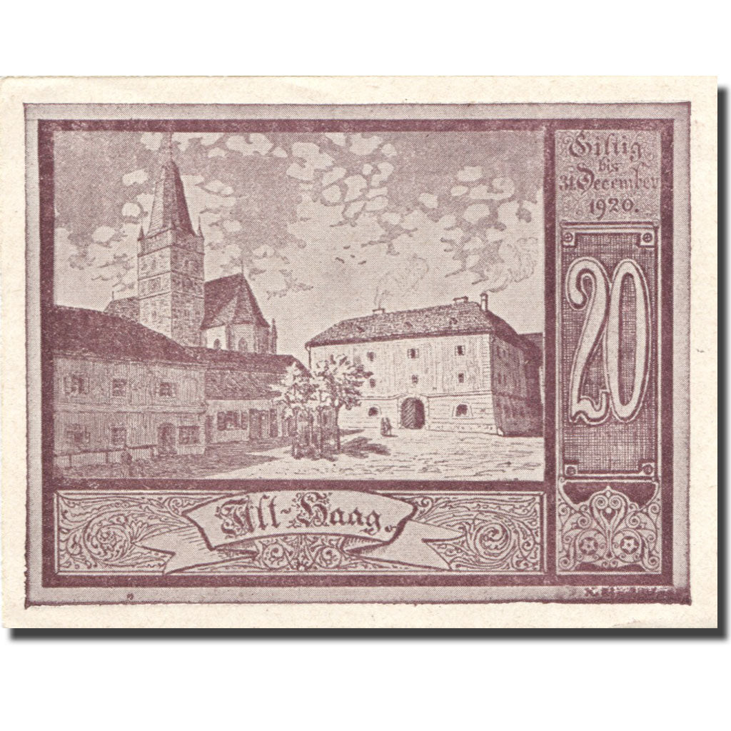 Banknote, Austria, Haag, 20 Heller, Eglise 1, 1920 UNC(63) lila Mehl:FS 318IVb
