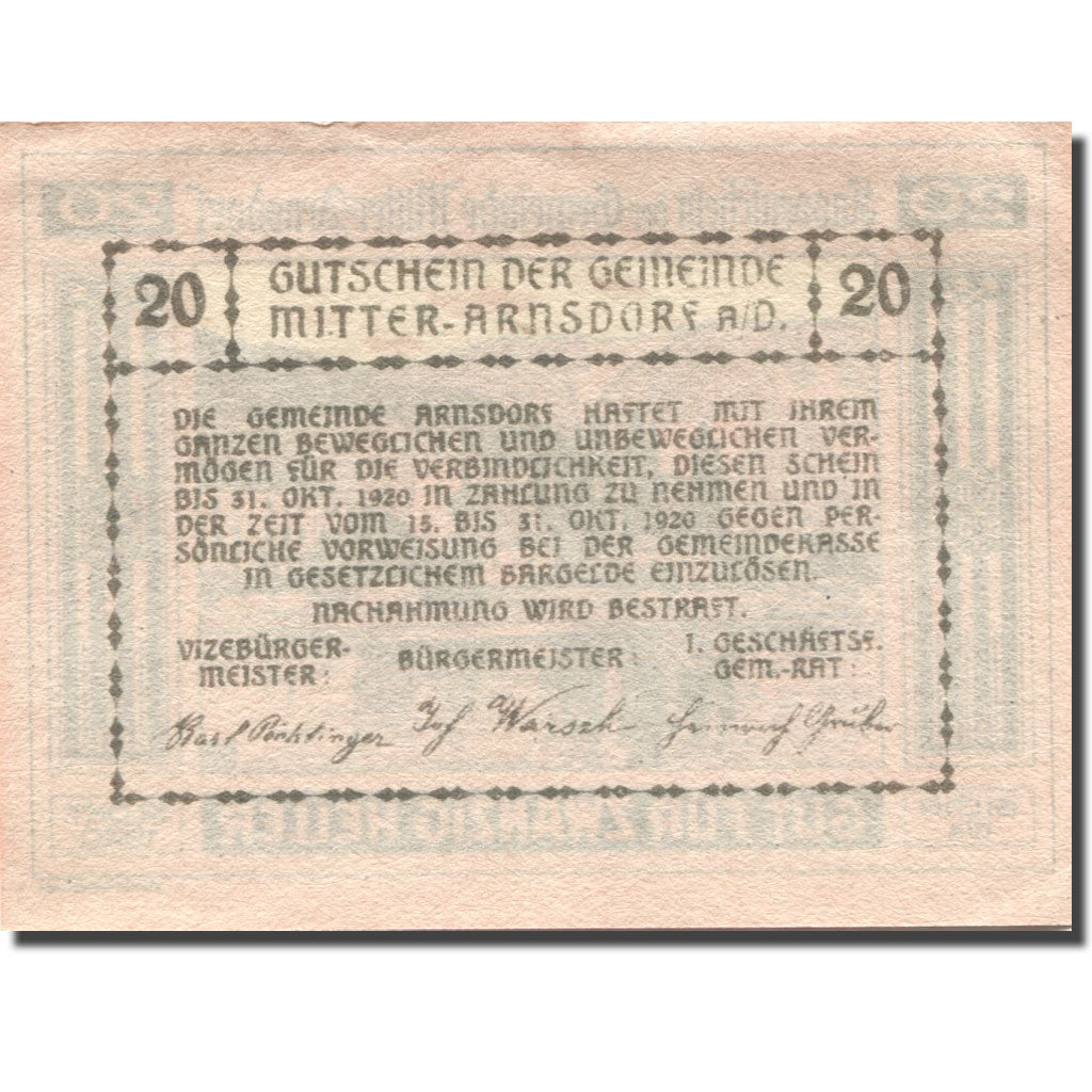 Banknote, Austria, Mitter-Arnsdorf, 20 Heller 1920 orange UNC(63) Mehl:FS 617a