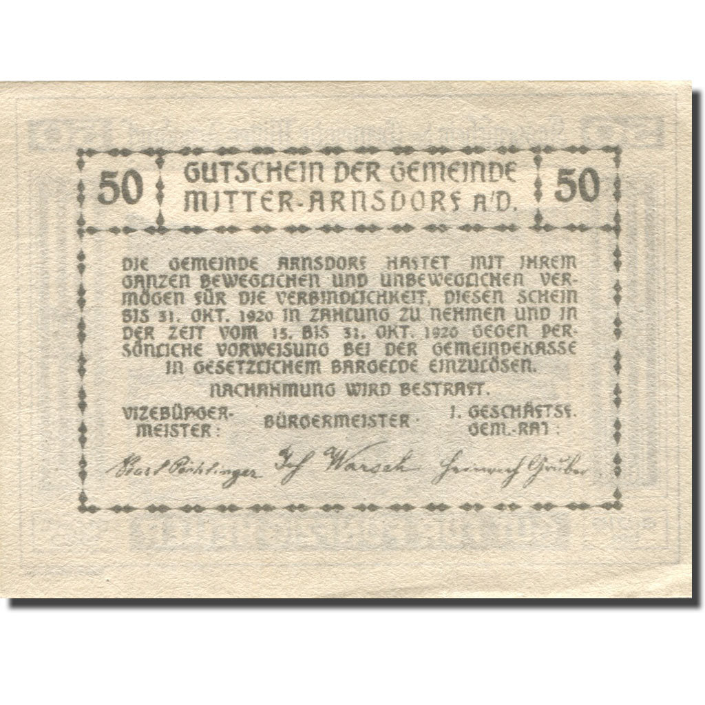 Banknote Austria Mitter-Arnsdorf 50Heller 1920 UNC(63) green Mehl:FS 617a