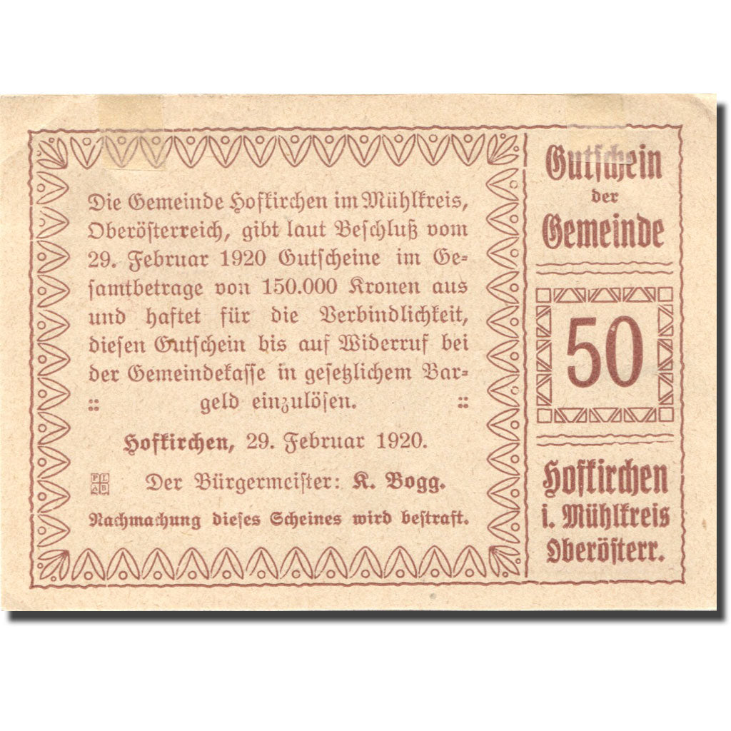 Banknote, Austria, Hofkirchen, 50 Heller, Eglise, 1920 AU(55-58) Mehl:FS 386Ib