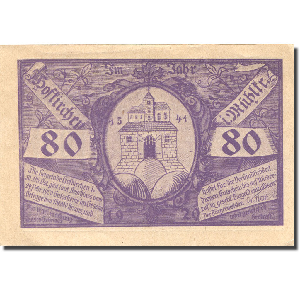 Banknote, Austria, Hofkirchen, 80 Heller, château, 1920 UNC(63) Mehl:FS 386Ib