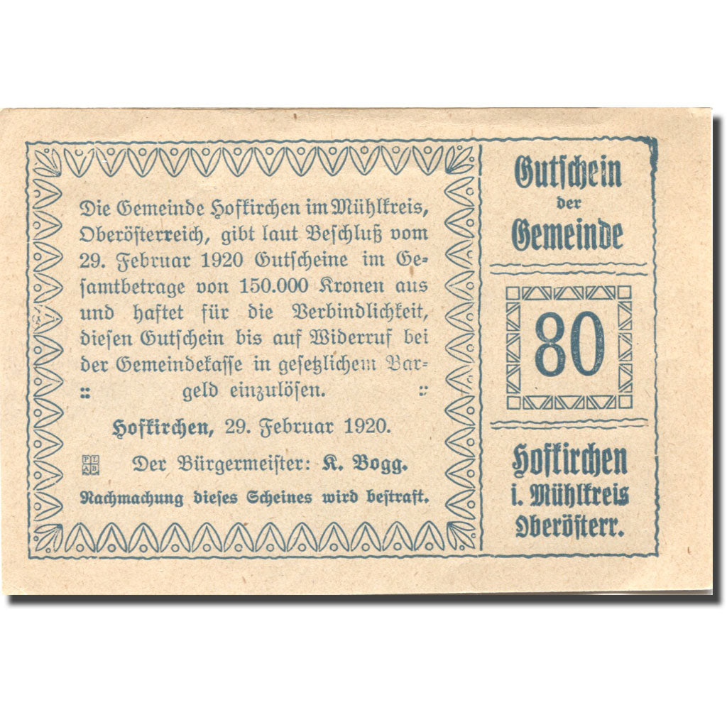 Banknote, Austria, Hofkirchen, 80 Heller, château, 1920 UNC(63) Mehl:FS 386Ib