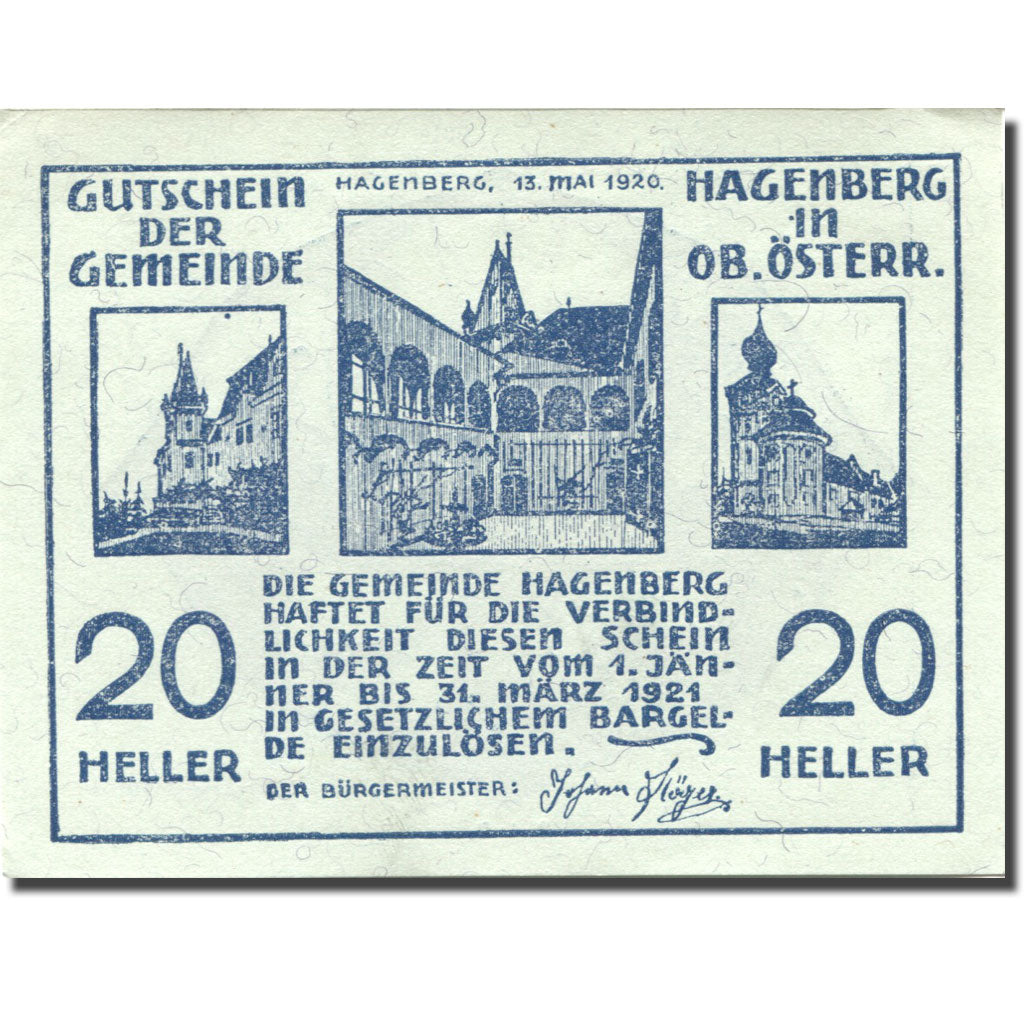 Banknote, Austria, Hagenberg 20 Heller, Monument, 1921 UNC(63) blue Mehl:FS 330b
