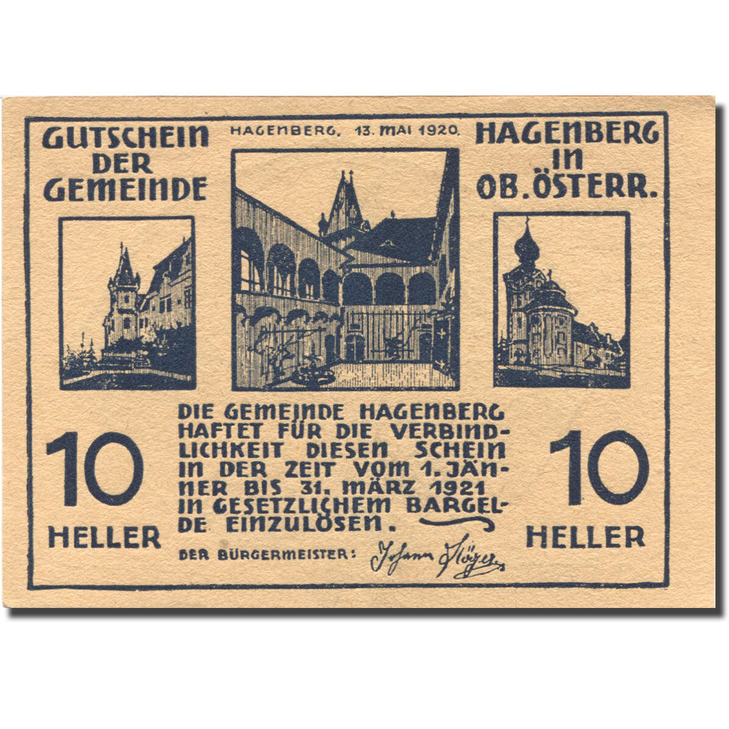 Banconote, Austria, Hagenberg, 10 Heller, monument 1, 1921 SPL gold Mehl:FS 330a