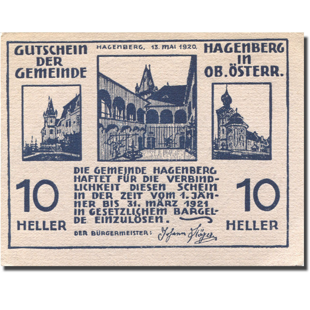 Banknote Austria Hagenberg 10 Heller, monument 2, 1921 UNC(63) grey Mehl:FS 330a