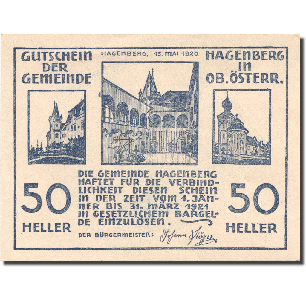 Banknote Austria Hagenberg 50Heller monument 3, 1921 white UNC(63) Mehl:FS 330b