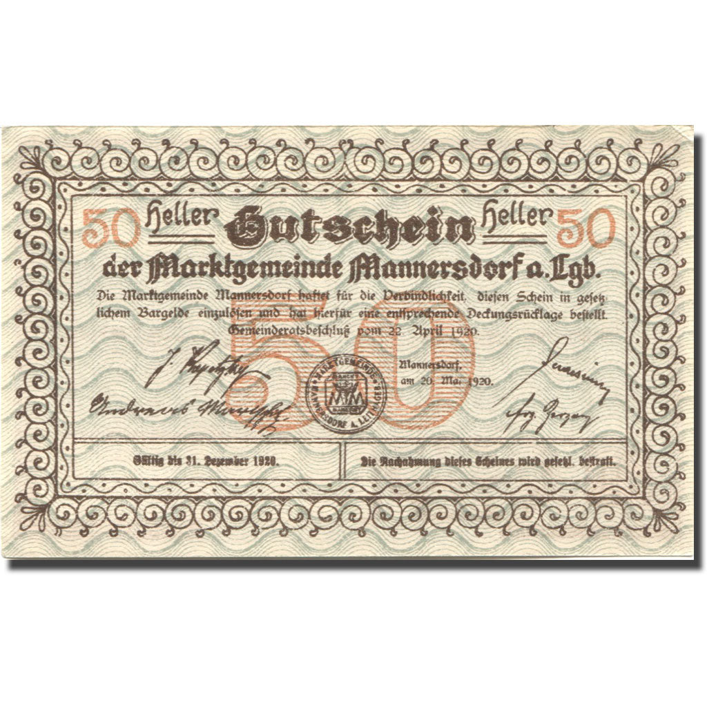 Banknote, Austria, Mannersdorf, 50 Heller, village, 1920 UNC(63) Mehl:FS 577a