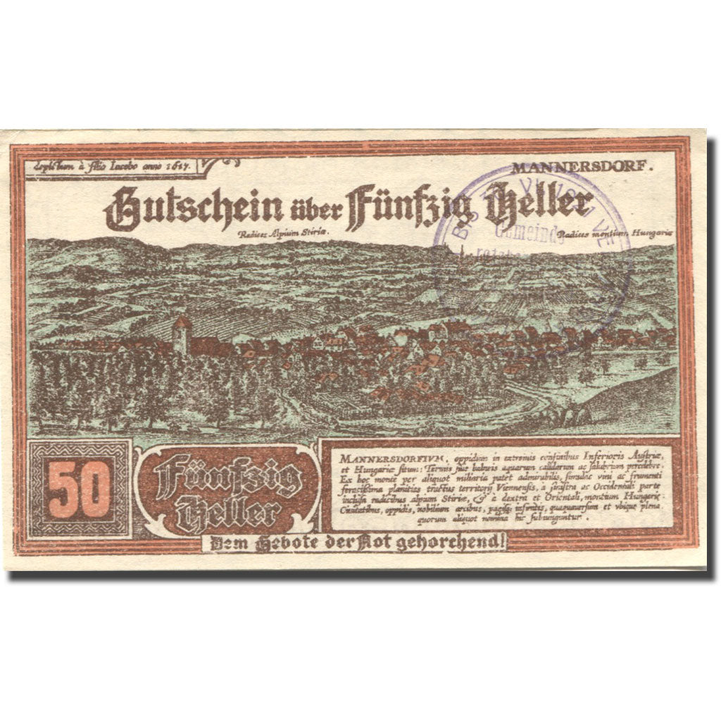 Banknote, Austria, Mannersdorf, 50 Heller, village, 1920 UNC(63) Mehl:FS 577a