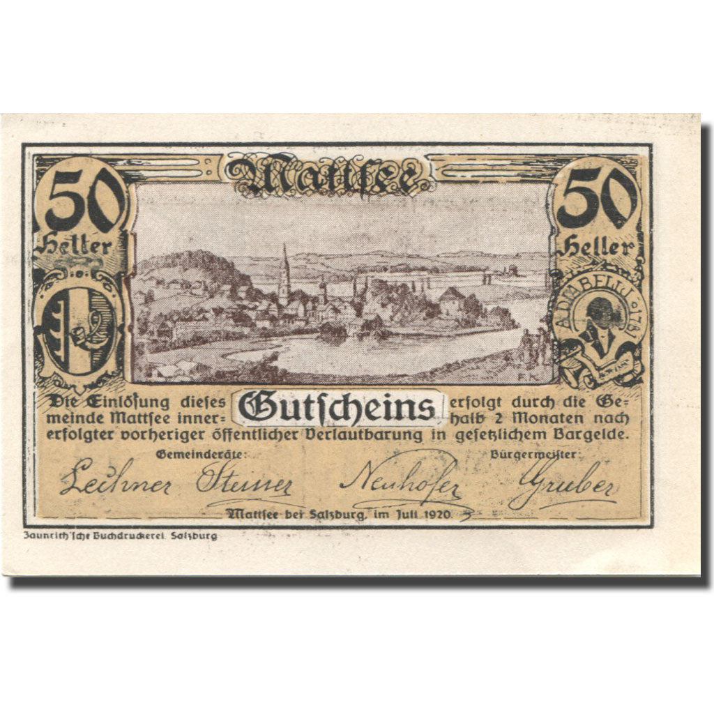 Banknote, Austria, Mattsee, 50 Heller, village, 1920, UNC(63), Mehl:FS 596a