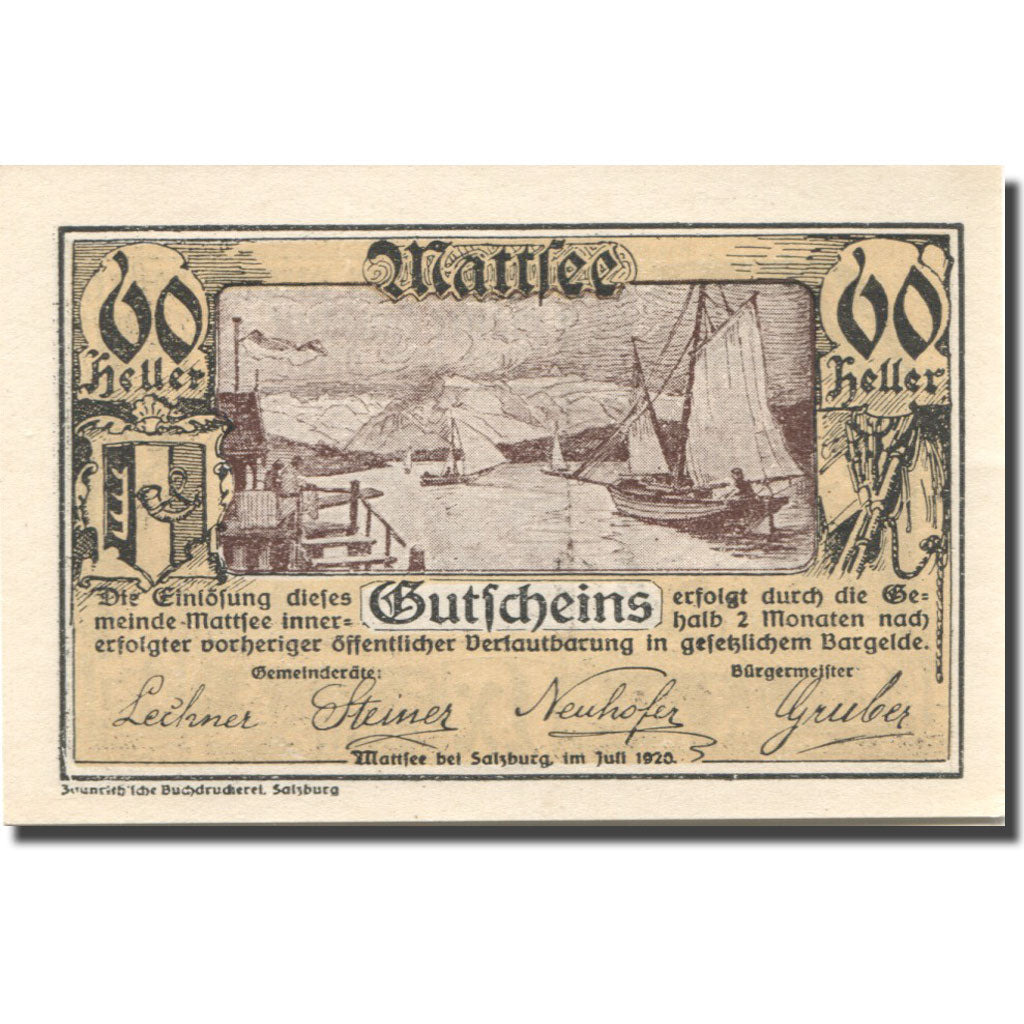 Banknote, Austria, Mattsee, 60 Heller, voilier, 1920, UNC(63), Mehl:FS 596a