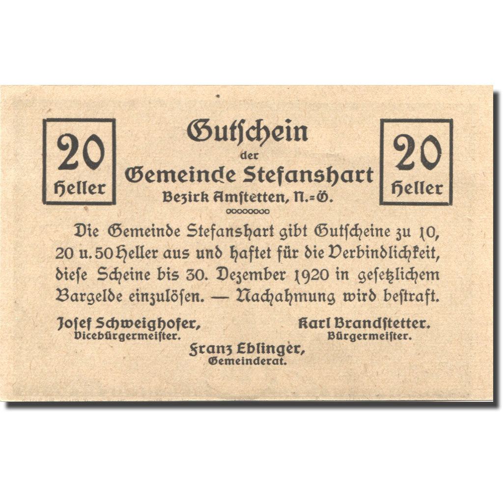Banknote, Austria, Stefanshart, 20 Heller, Monument, 1920 UNC(63) Mehl:FS 1013c