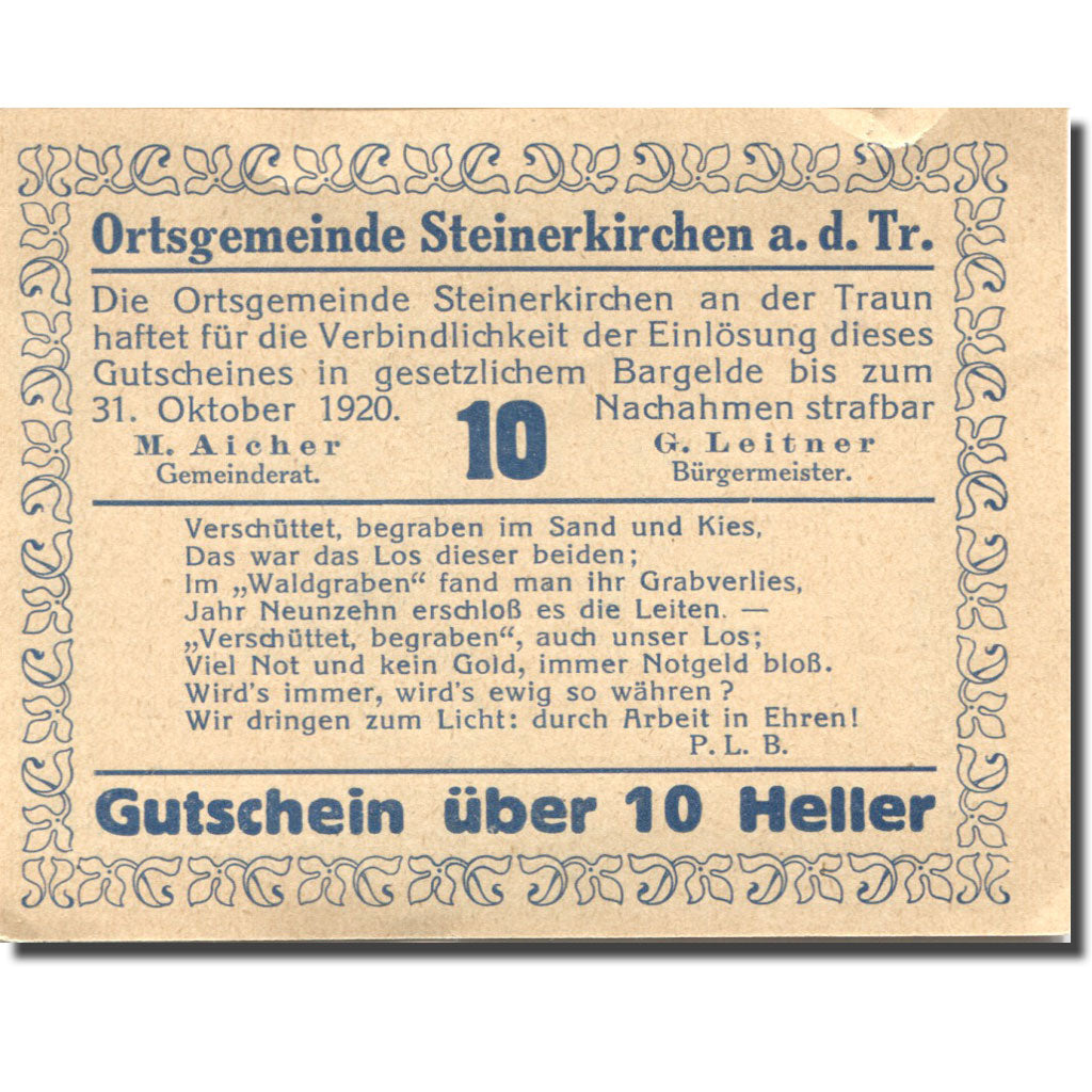 Banknote Austria Steinerkirchen 10Heller personnage 1920 AU50-53 Mehl:FS 1029IIa