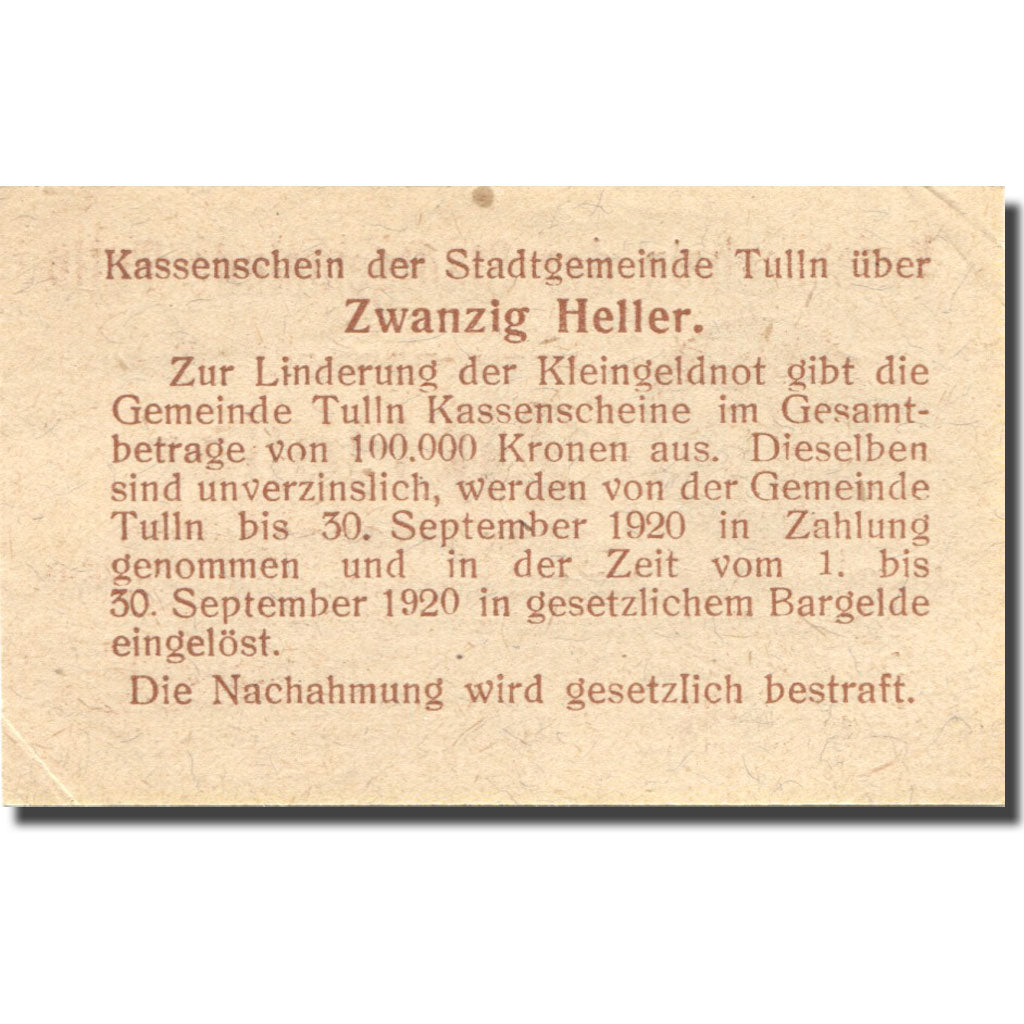 Banknote, Austria, Tulln, 20 Heller, Blason 1920-09-30, UNC(63), Mehl:FS 1083I