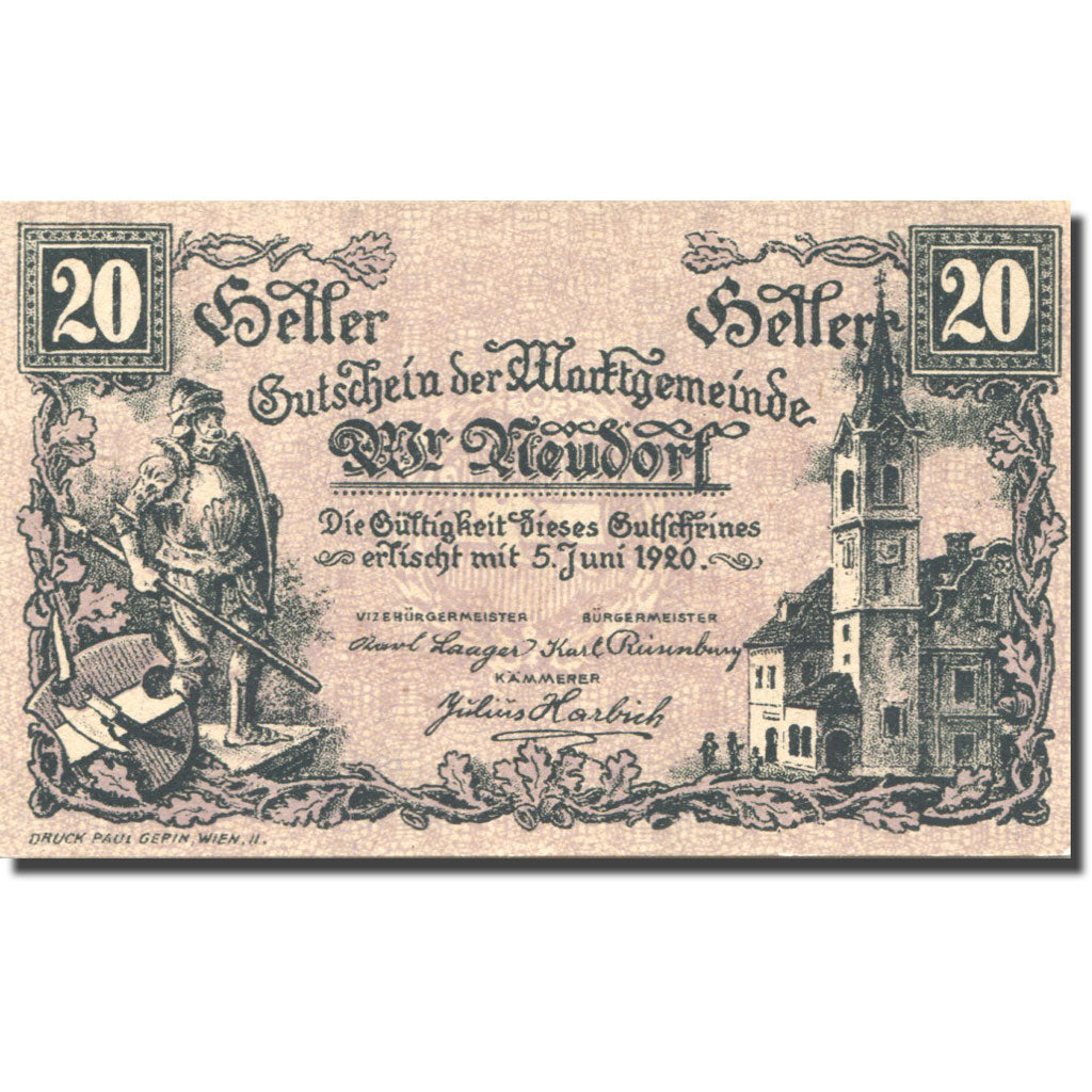 Banknote, Austria, Neudorf, 20 Heller, chevalier, 1920 UNC(63) Mehl:FS 1229Ia