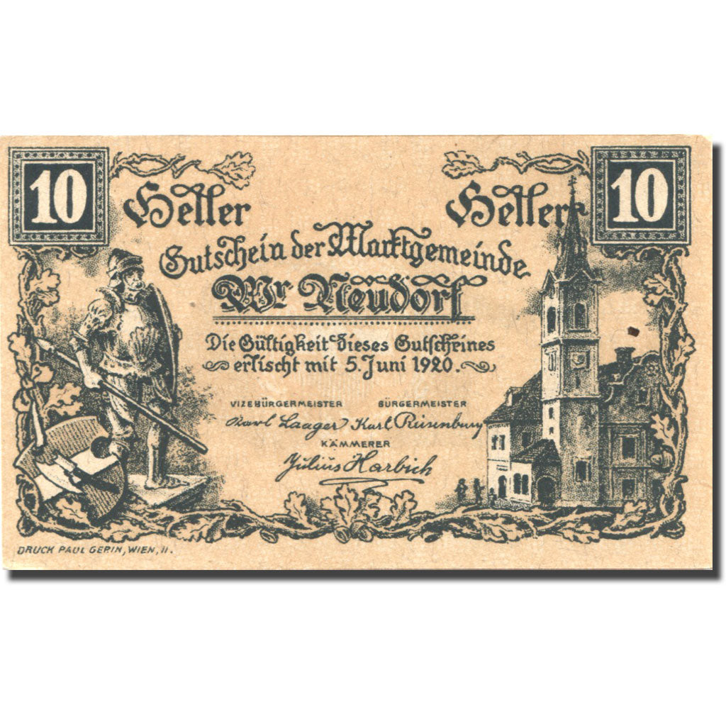 Banknote, Austria, Neudorf, 10 Heller, chevalier 1, 1920 UNC(63) Mehl:FS 1229Ia