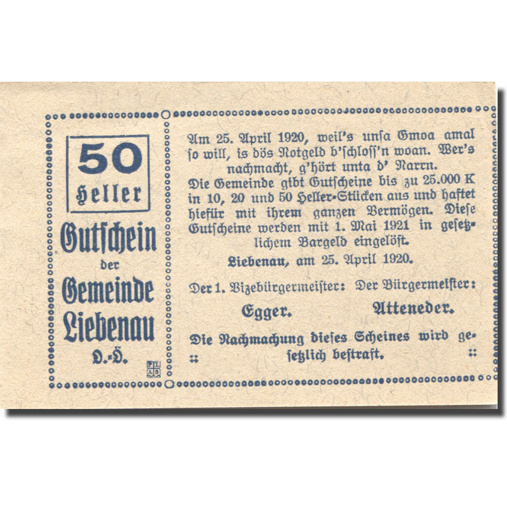 Banknote, Austria, Liebenau, 50 Heller, village, 1921 UNC(63) Mehl:FS 521