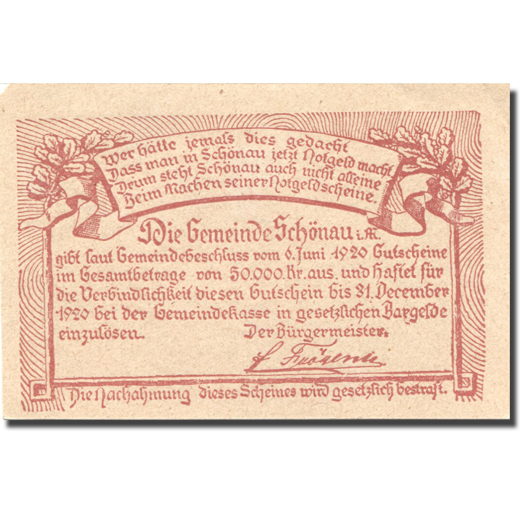 Banknote, Austria, Schönau, 10 Heller, mairie, 1920 UNC(60-62) Mehl:FS 966b