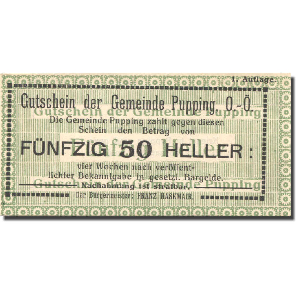 Banknote, Austria, Pupping, 50 Heller, valeur faciale, UNC(63), Mehl:FS 792Ia