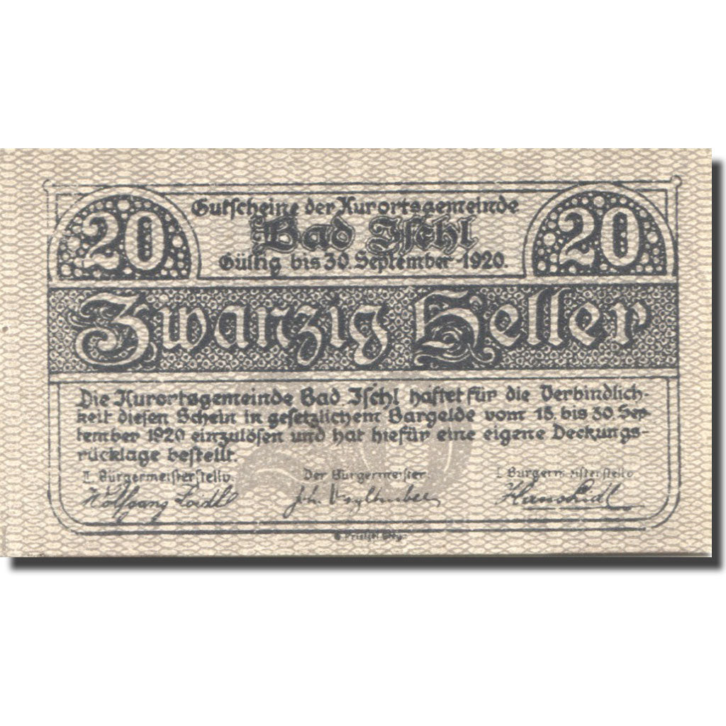 Banknote, Austria, Bad Ischl, 20 Heller, château, 1920 UNC(63) Mehl:FS 77a