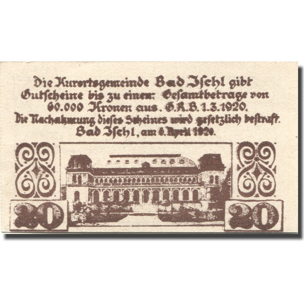 Banknote, Austria, Bad Ischl, 20 Heller, château, 1920 UNC(63) Mehl:FS 77a